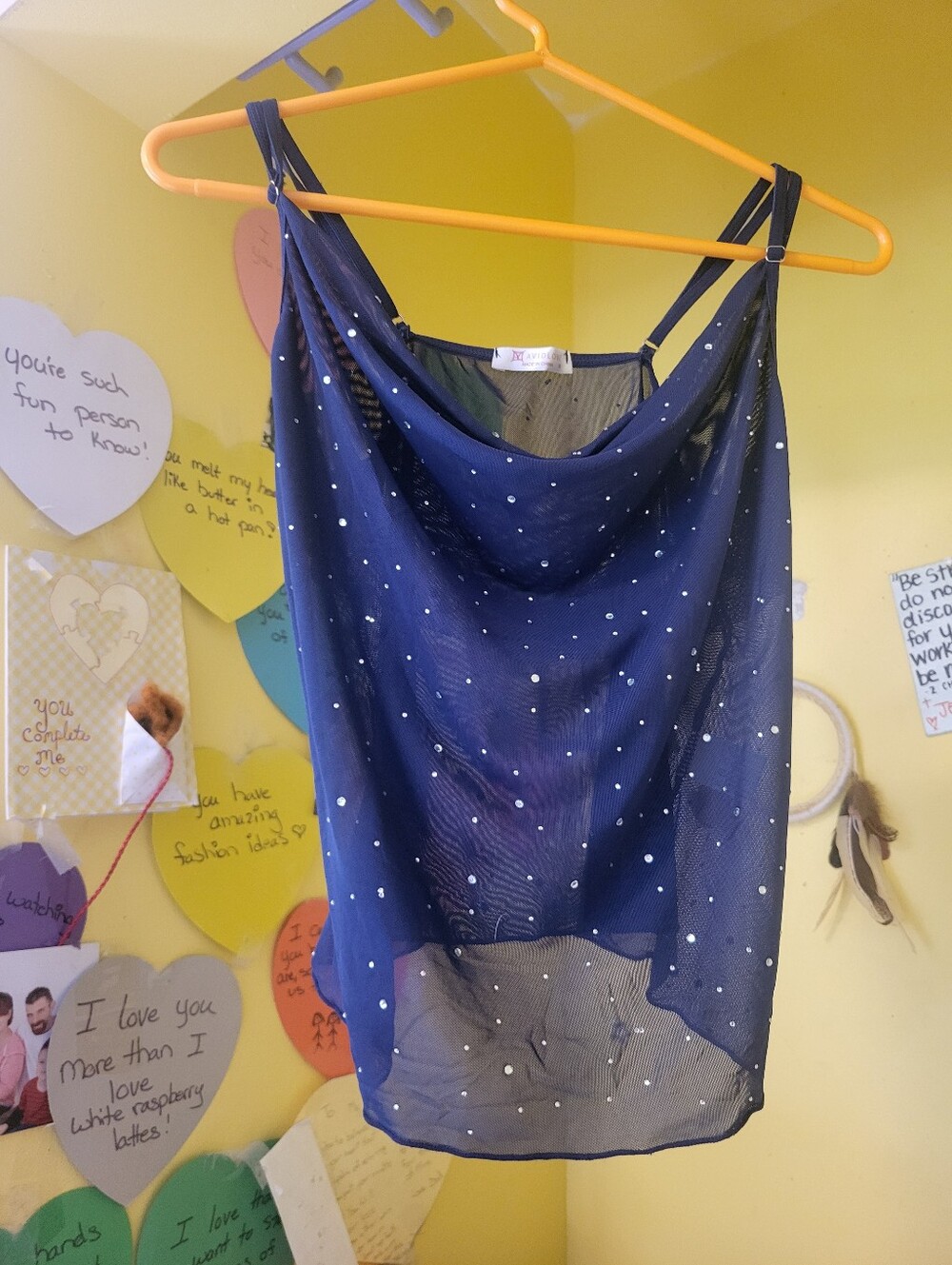 Sheer Navy Gem Dot Cowl Neck Tank Top